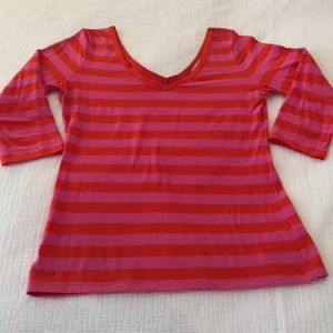 Banana Republic Deep V Neck Scoop Back 3/4 Sleeve Top.  Hot Pink & Orange Stripe